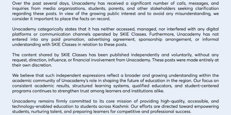 Unacademy issues clarification over SKIE classes posts